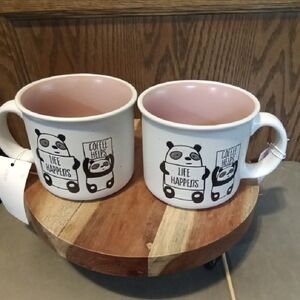 🐼Cute Pair Panda 'Life Happens' Ceramic Coffee Mug - White with Pink Interior🐼